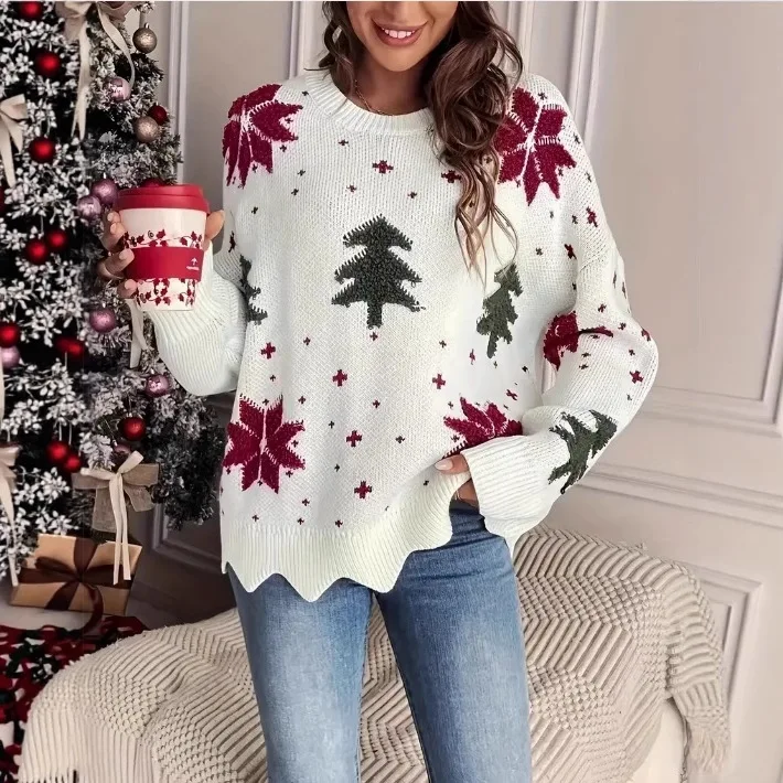 

2025 Clothing Autumn and Winter New Snowflake Christmas Tree Print Holiday Loose Casual Knitted Sweater
