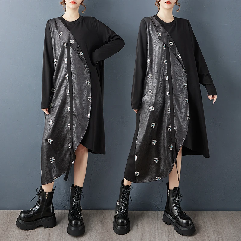 

Autumn New plus Size Casual k Sle Embroidered Loose Fit Dr Irregular Hem Paneling Fake Two-Piece Individuali Women'...