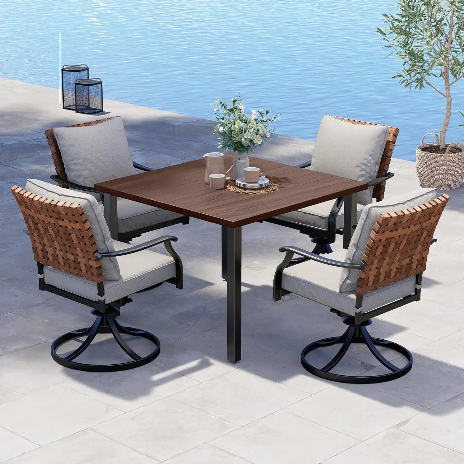 

5-Piece Outdoor Dining Set 4 Leather-Look Wicker Swivel Patio Chairs & 1 Square Woodgrain Dining Table