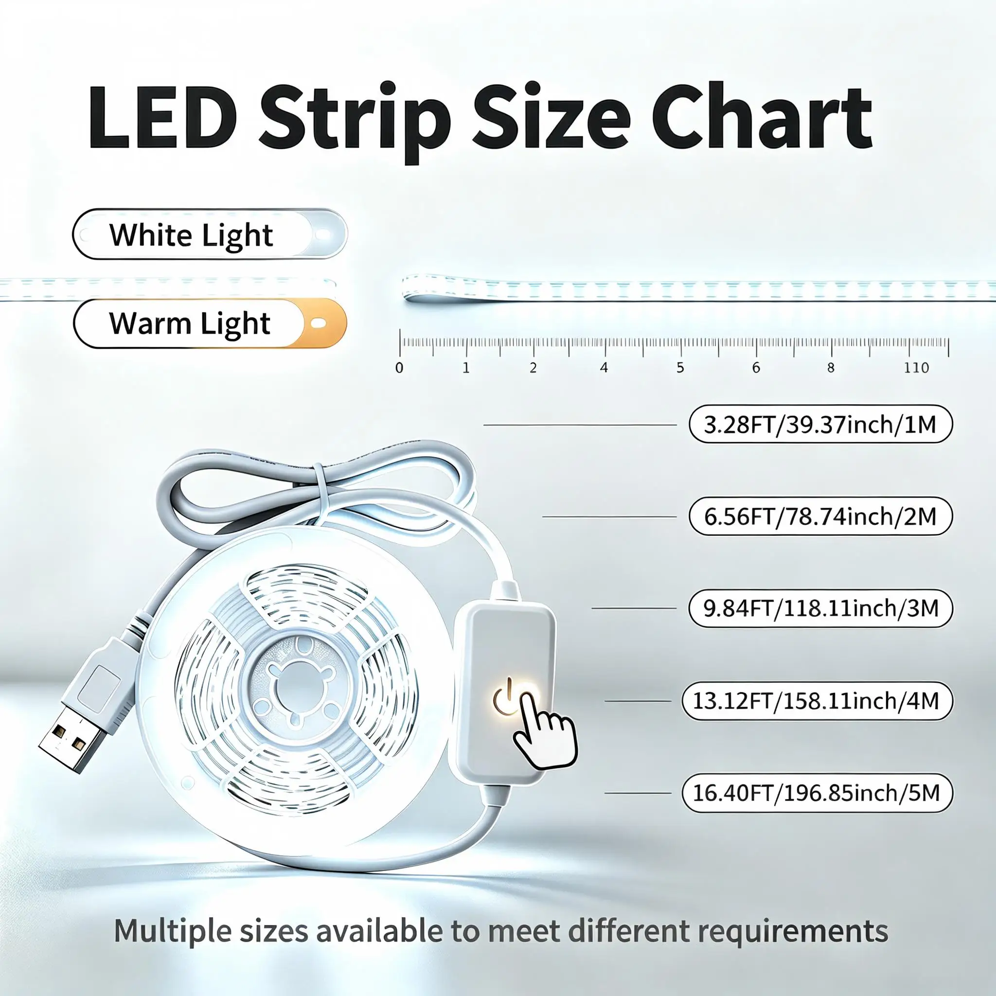 1PC 2835LED light strip. USB powered; simply touch the button to turn it on/off. Simple installation, perfect for home décor.
