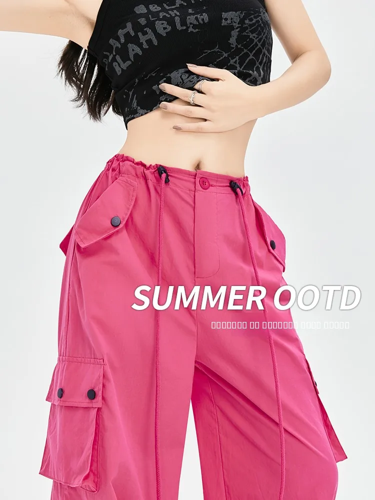 

Розовые рабочие брюки женские летние тонкие с высокой талией, широкие, свободные, повседневные, в стиле американского хип-хопа, быстросохнущие спортивные брюки