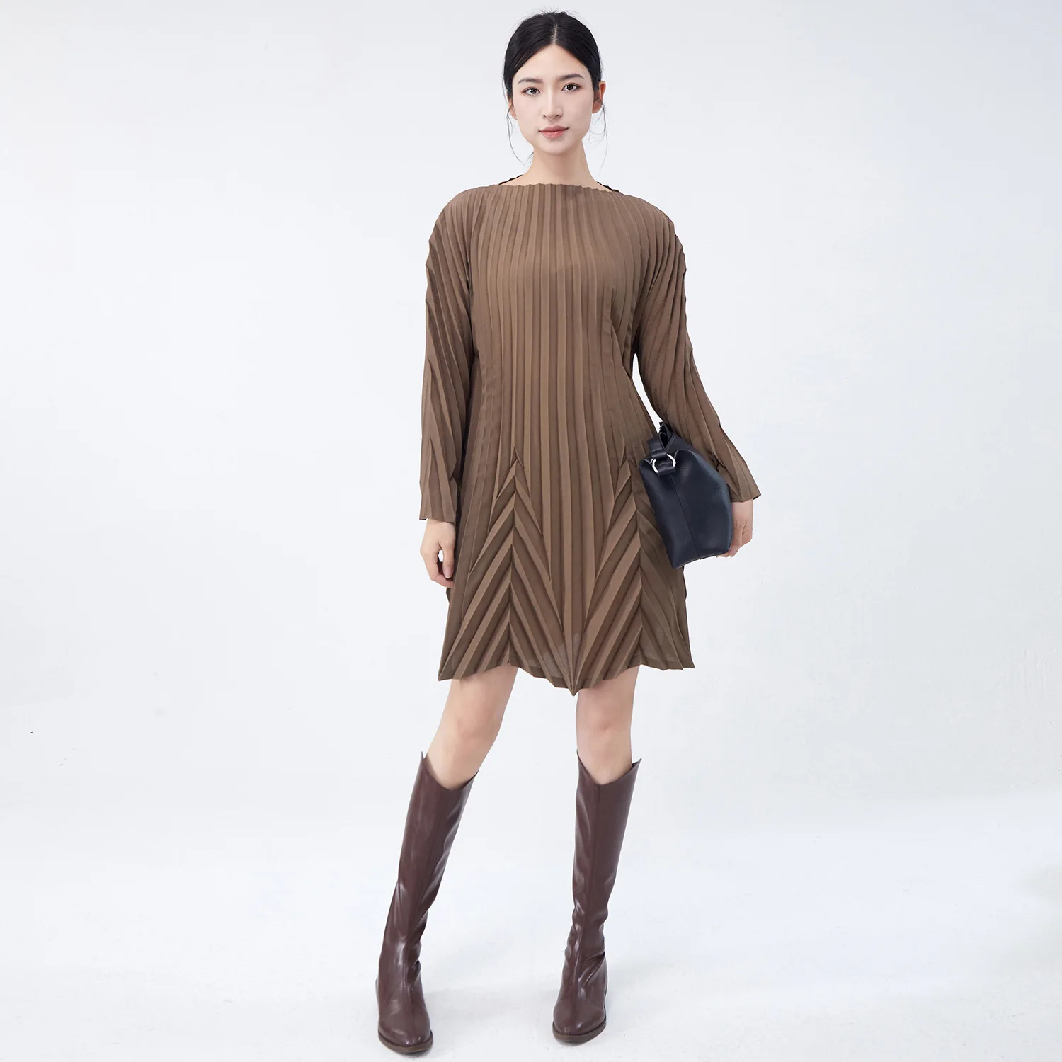 

Long Sleeve Dress 2025 New Dress No Body Limit 40-80kg Match Loose Plus Size Pleated Work Office Mid-length Dress Spring Black