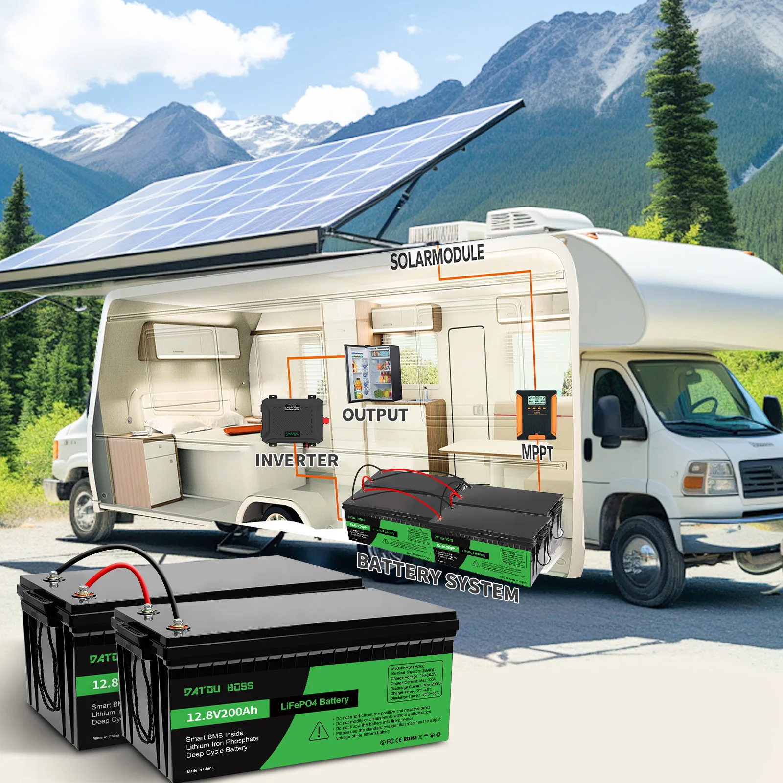 بطارية ليثيوم DATOUBOSS 12 فولت 200 أمبير سعة اسمية 2560 وات بطارية LiFePO4 مع BMS تعمل بالطاقة الشمسية قابلة لإعادة الشحن دورة عميقة