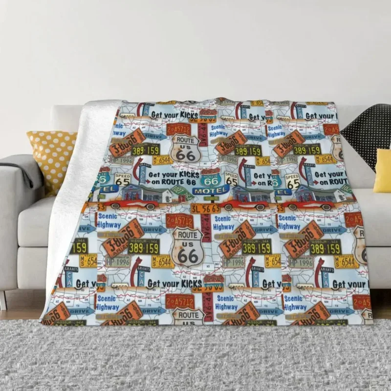 Route 66 License Plate American Blanket Coral Fleece Plush Winter Highway Mother Road Sign Soft Throw Blankets for Bed Bedspread