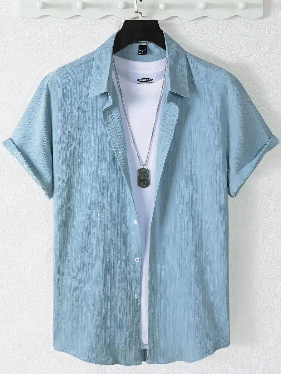 

Men's Light Blue Crinkle Short Sleeve Casual Shirt for Summer