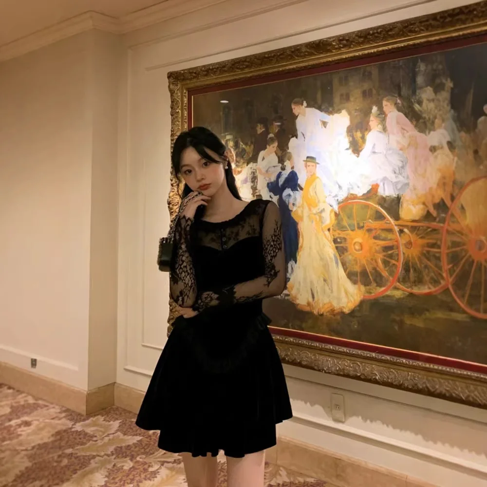 

Seooocookie Черная бархатная юбка с кружевными вставками, весенняя коллекция, миди, с запахом, из полиэстера, с длинными рукавами, на молнии, с застежкой...