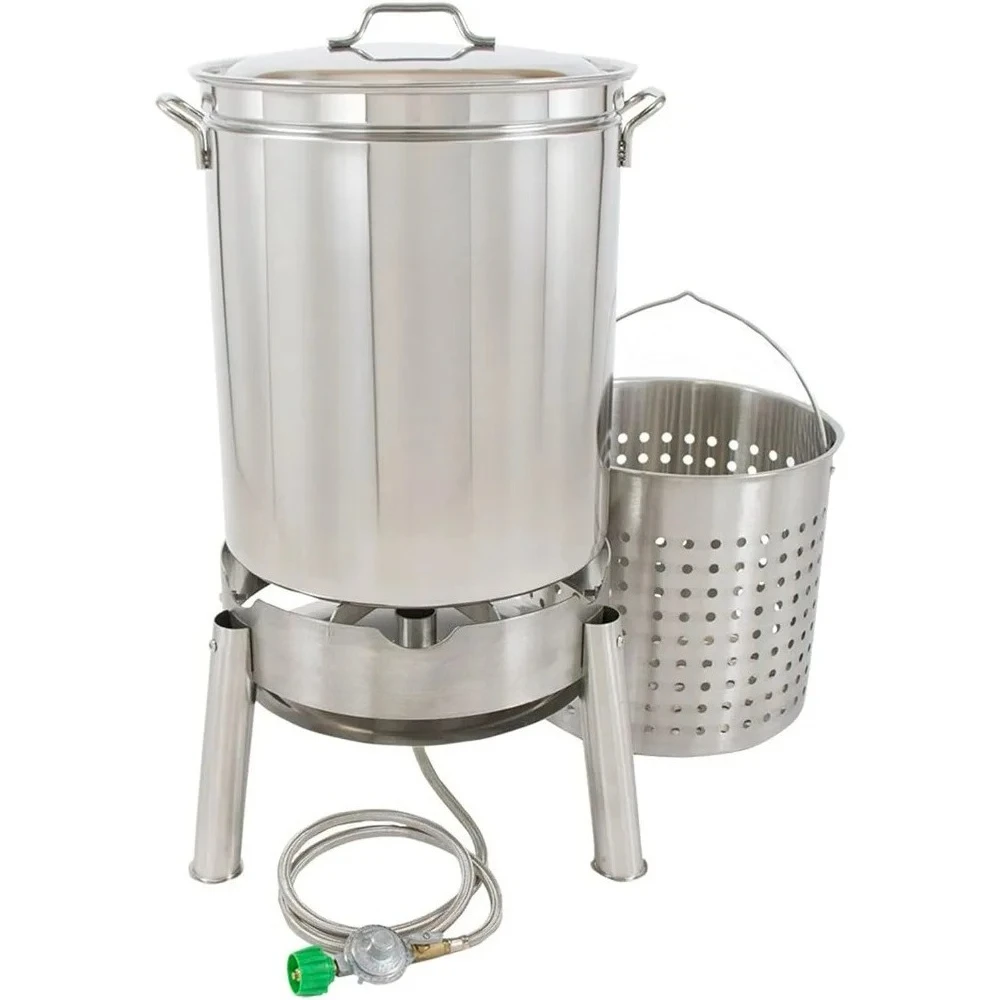 Para el kit de cocina de caldera de acero inoxidable presenta caldera de acero inoxidable de 62 cuartos con tapa, cesta de vapor/herbalo, quemador de un solo chorro de 106,000 BTU