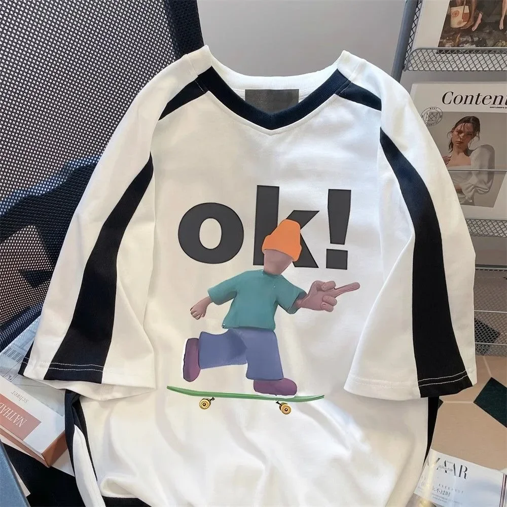 Desenhos animados engraçados extragrandes camisetas, Streetwear algodão solto, estilo americano preppy, manga raglan, alta qualidade, verão