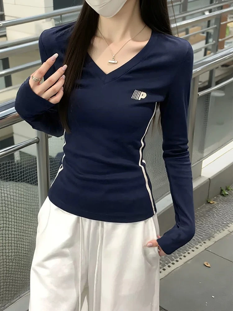 Design Sensation Ultra Slim Fit Long Sleeve Pure Cotton T-Shirt Sport Style Base Layer Top High Shoulder Standard Cut V-Neck
