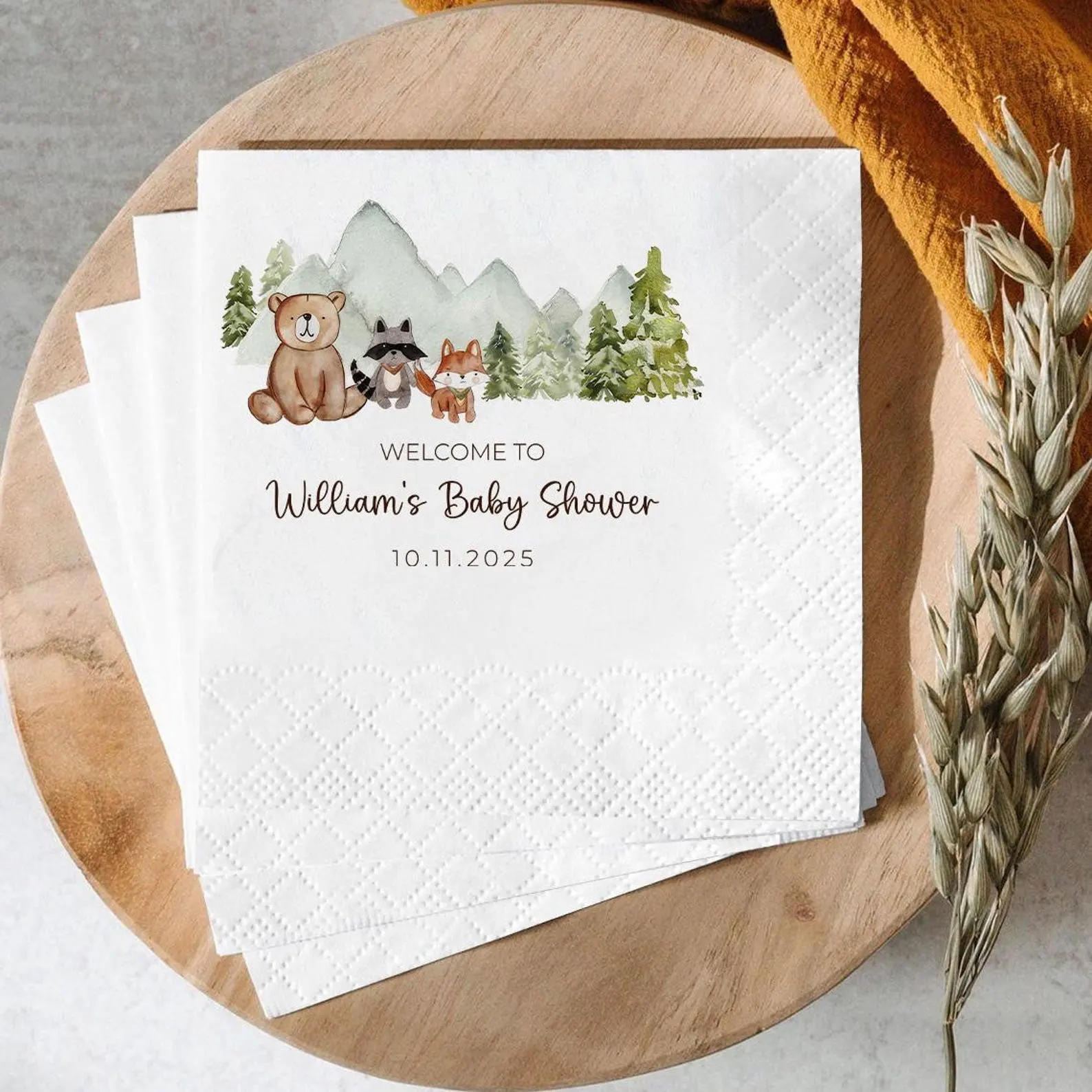 

Personalized Woodland Baby Shower Napkins Custom Woodland Adventure Awaits Party Welcome To Baby Napkin Forest Baby Shower Decor