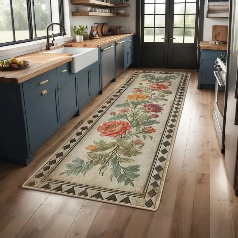VIKAMA Boho Vintage Kitchen Runner Rug Distressed Floral Medallion Non Slip Washable Mat for Kitchen Living Room Home Decor