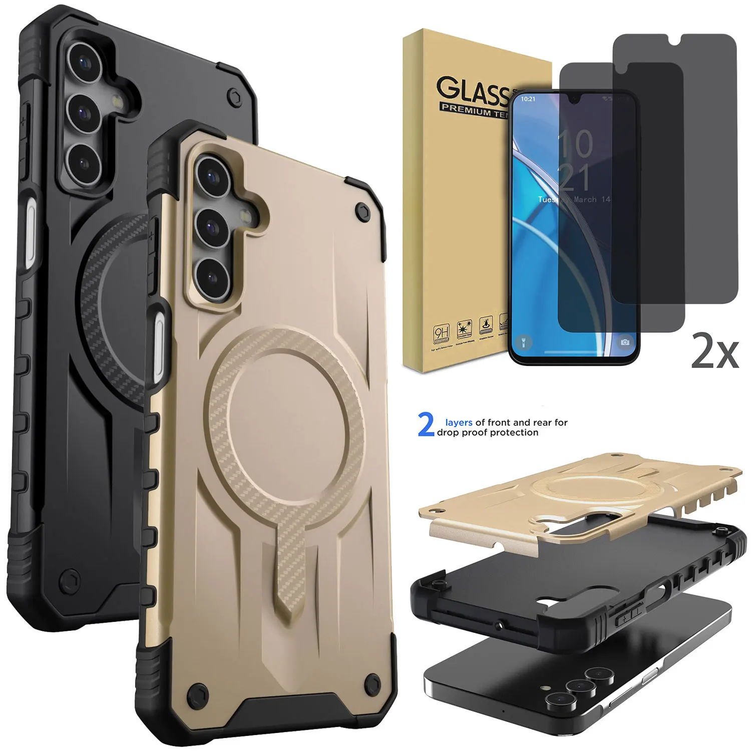 

Для Samsung Galaxy A16/A26/A15 Магнитный бампер Прочный чехол Прочный чехол + 2 шт. Защитные пленки из закаленного стекла для конфиденциальности