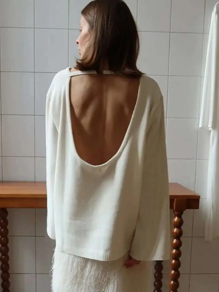 Fantoye вязаные сексуальные пуловеры с открытой спиной, женский свитер, синий свитер с длинными рукавами и круглым вырезом, женский осенний свободный повседневный уличный свитер