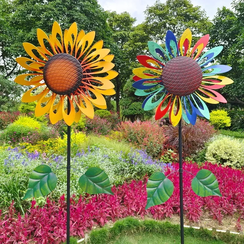 Iron Sunflower Windmill Figurines Double-sided Rotating Sculptures Floor-to-ceiling Ornament Interior Room Decorations Gift Idea