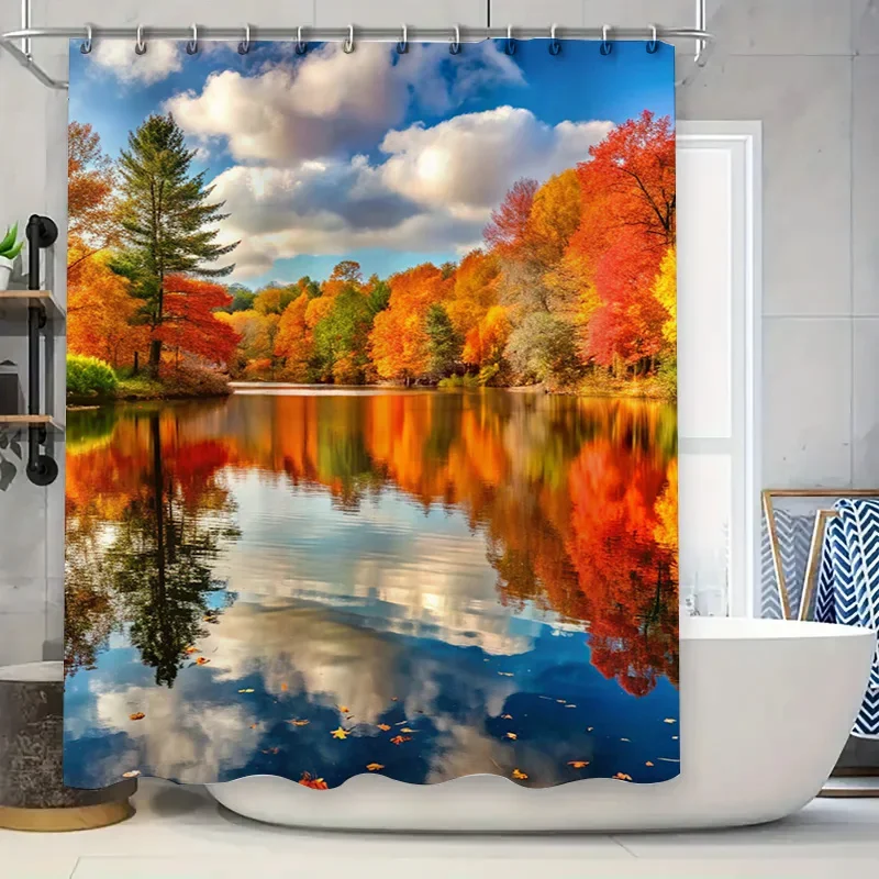 High-Quality Autumn Scenery Shower Curtain Reflecting Leaf Colors in Waterfall Design Waterproof Bath Decor for Home Decoration