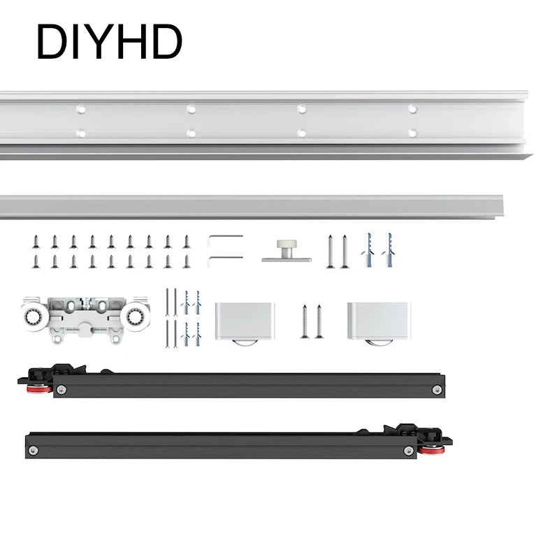 Escondido deslizante porta do celeiro Hardware Track Kit, flutuante fechamento suave, parede Interior Monte trilha Rolling Set, sem trilho chão, 48