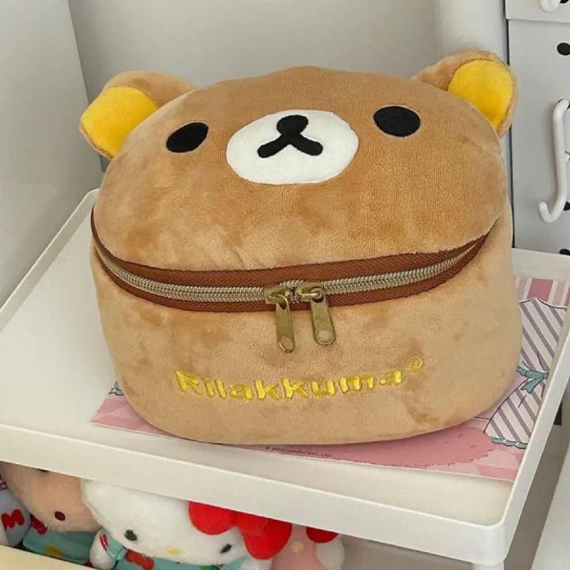 Kawaii Cute Rilakkuma Cosmetic Bag Plush Little Bear Head Elliptical Storage Toiletry Bag Portable Cartoon Ins Gift For Girls