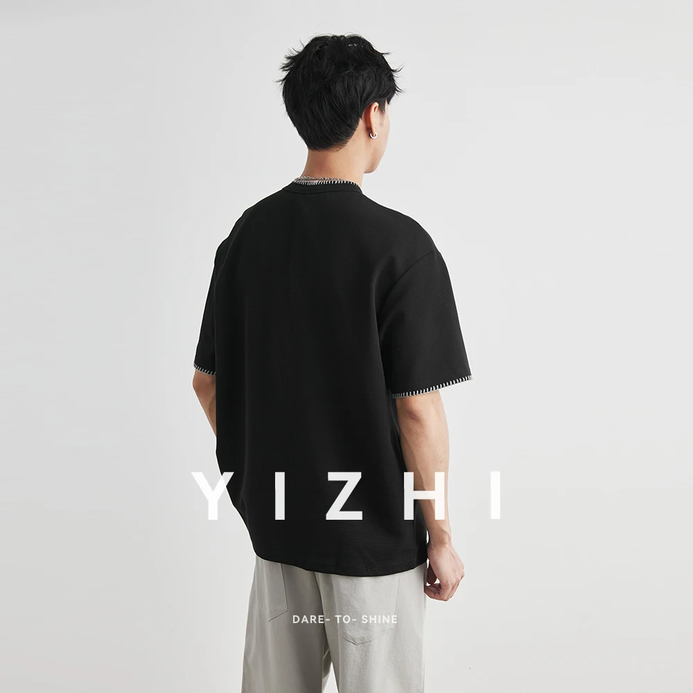 Men's Stitch Detail Henley Neck Waffle T-Shirt 2026 Summer Loose Drop Shoulder Casual Commute
