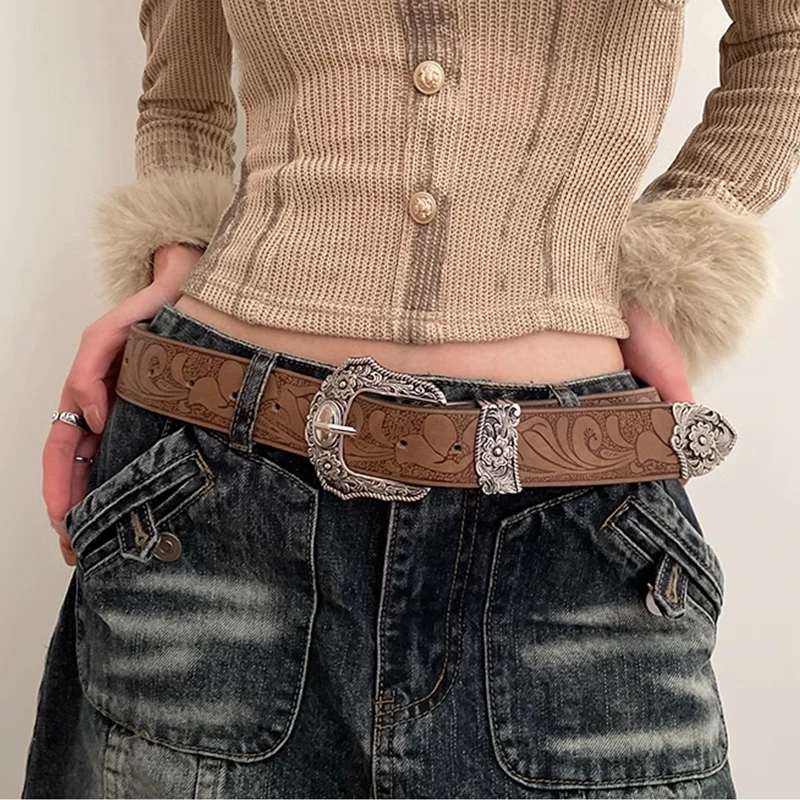 Western Brown PU Leather Vintage Belt Female Cowgirl Waist Belt with Metal Caved Buckle 3set Designer Belts For Women Jeans