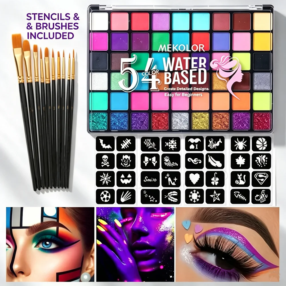 Face Body Paint Kit 54 Colors Water Based Glow Fluorescent Rainbow Palette Pigment for Halloween Cosplay Stage Party Makeup