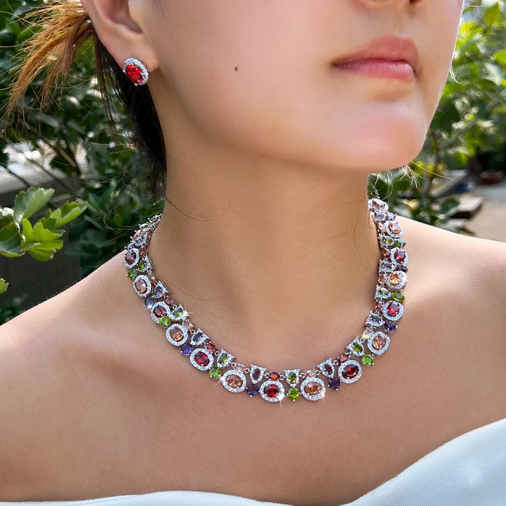 Pera Vintage Rainbow Multi-Color Zirconia Necklace Red Oval Stud Earrings for Women Wedding Accessories Jewelry Gift J064