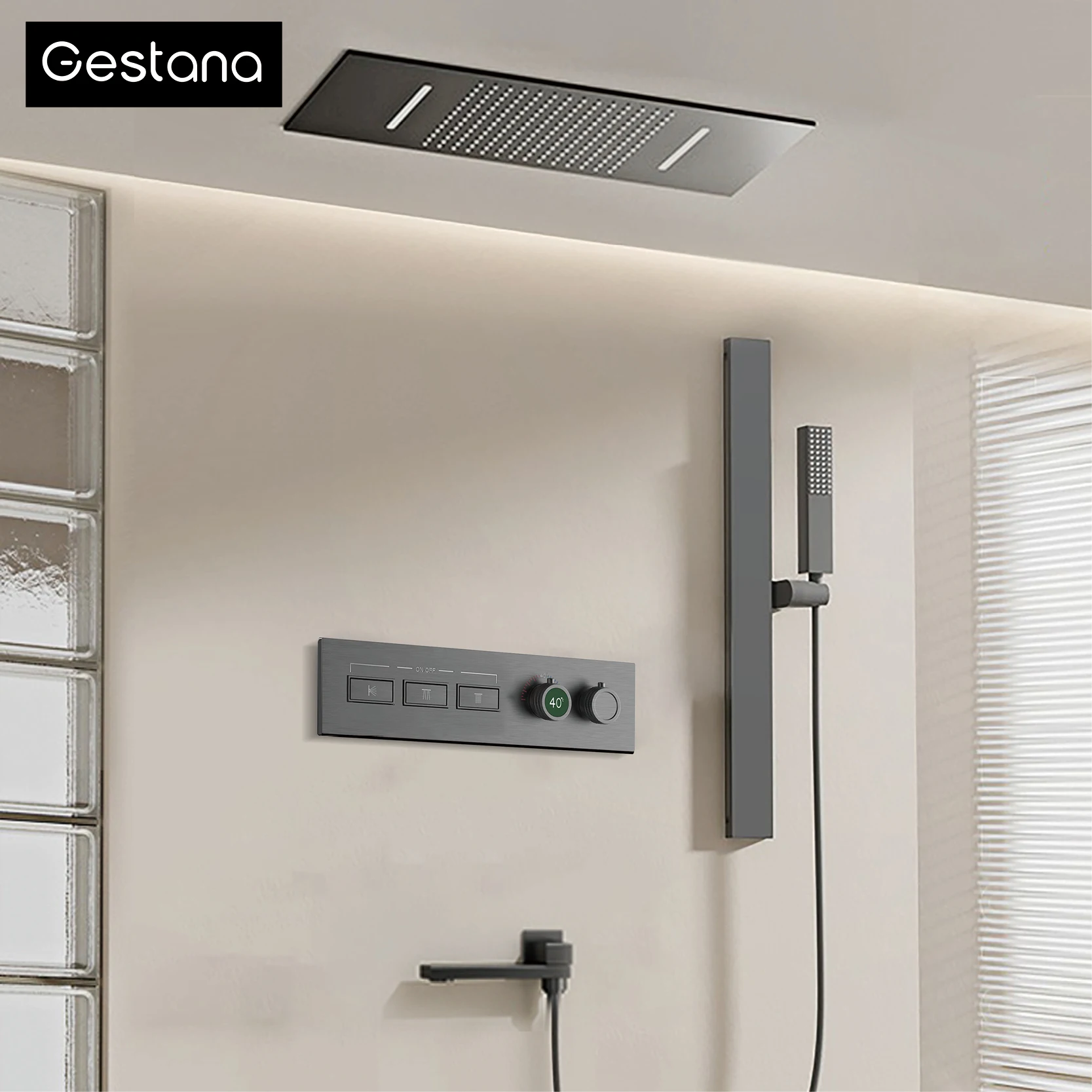 

Luxury Ceiling Thermostatic Shower System Black Brass 3 Function Built In Wall Cold&Hot Water LED Digital Display Bathroom Mixer