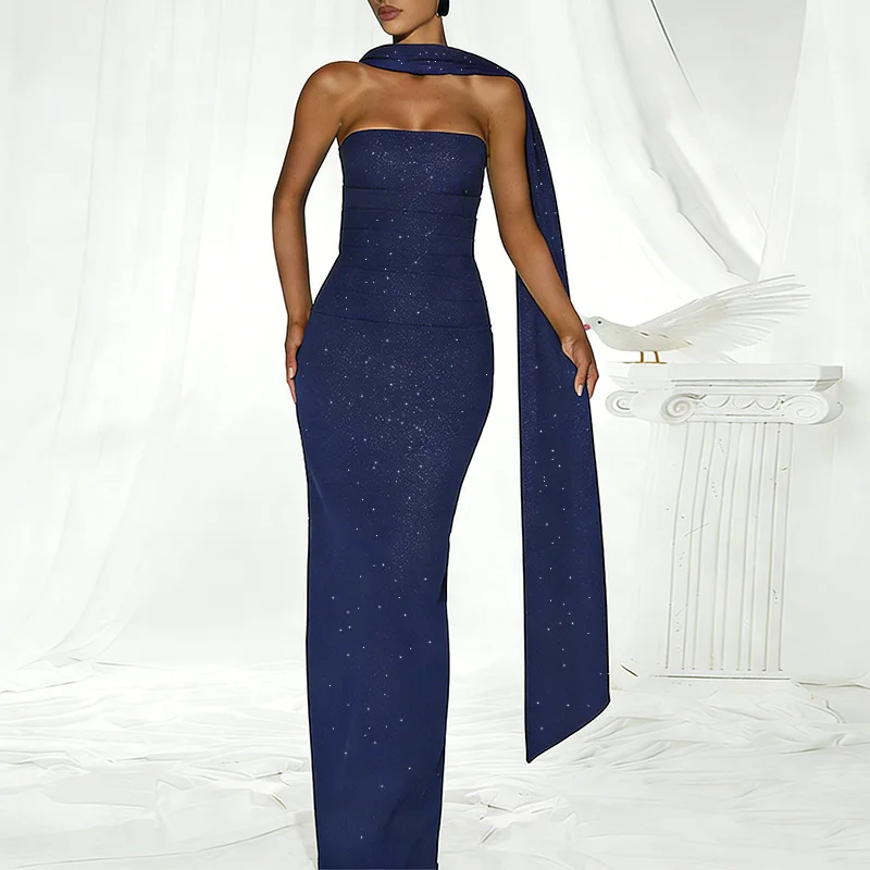 

Sexy New Women Strapless Maxi Dress with Scarf Sparkly Chic Slit Bodycon Gown Stylish Navy Starry Formal Event Outfit In Stock