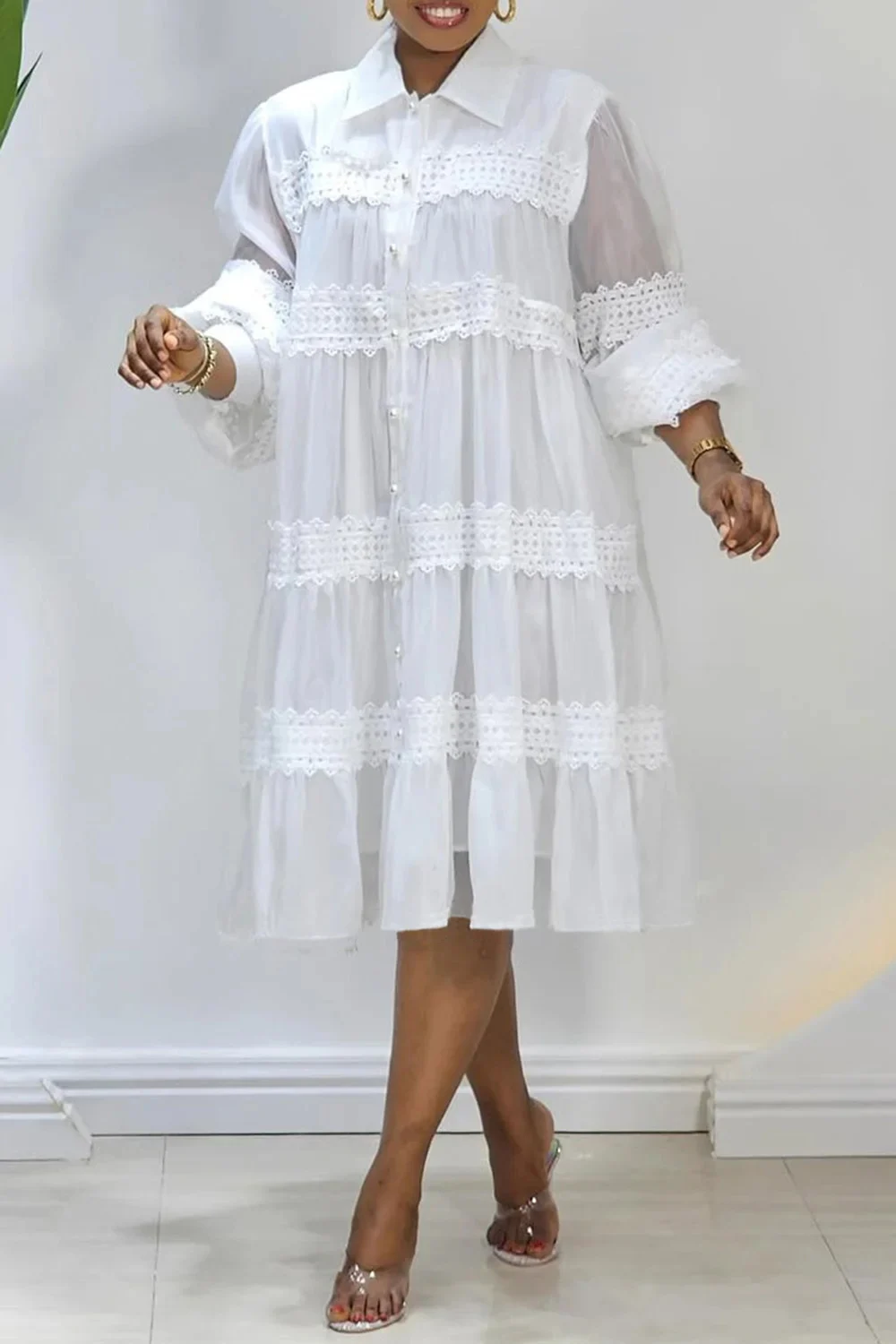 

Plus Size Business Casual White Elegant Shirt Collar Lantern Sleeve Long Sleeve See Through Contrast Midi Dresses