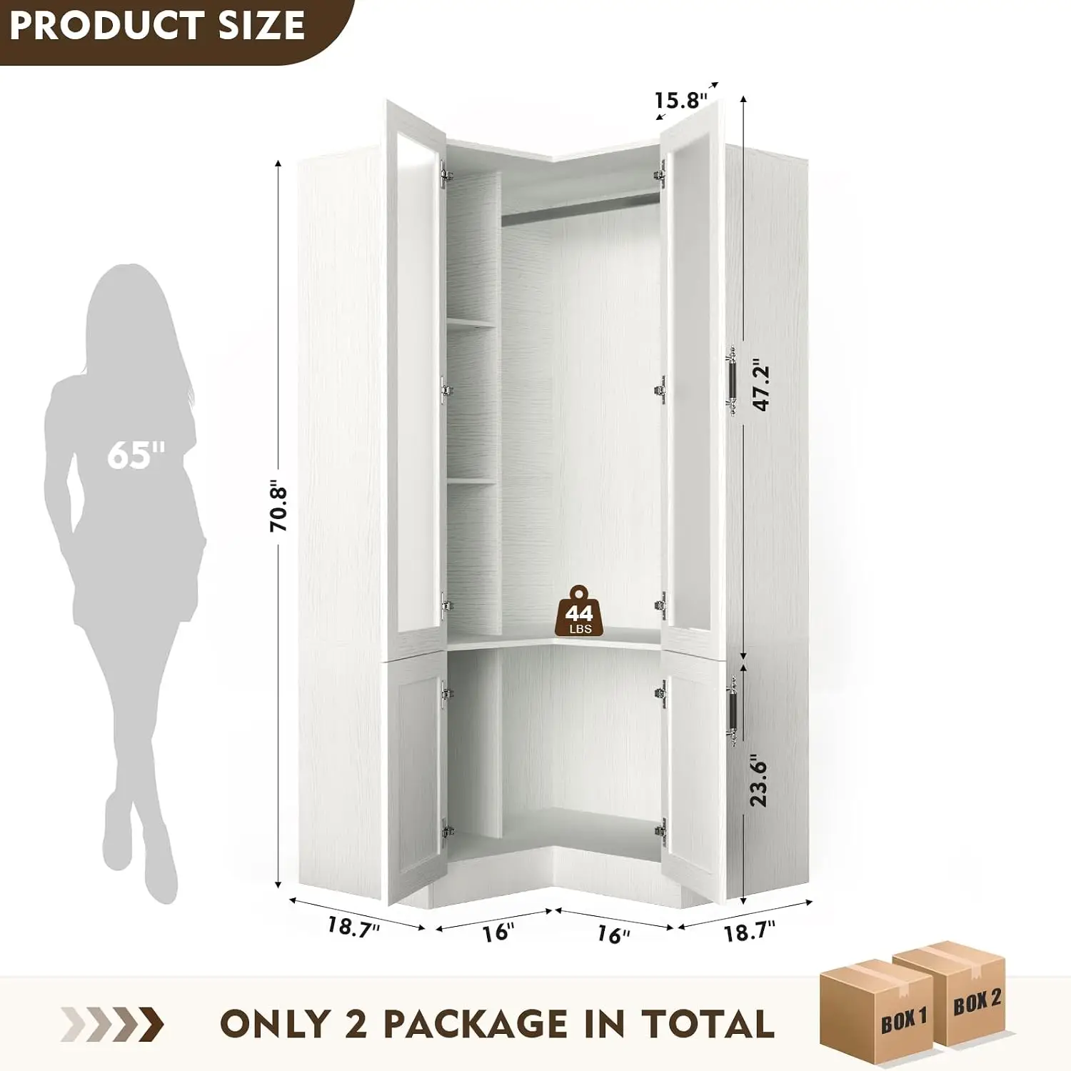 L-Shape Armoire Wardrobe Closet with Frosted Glass Door, 70.9''H Bedroom Clothing Storage Cabinet with Hanging Rod,Customized