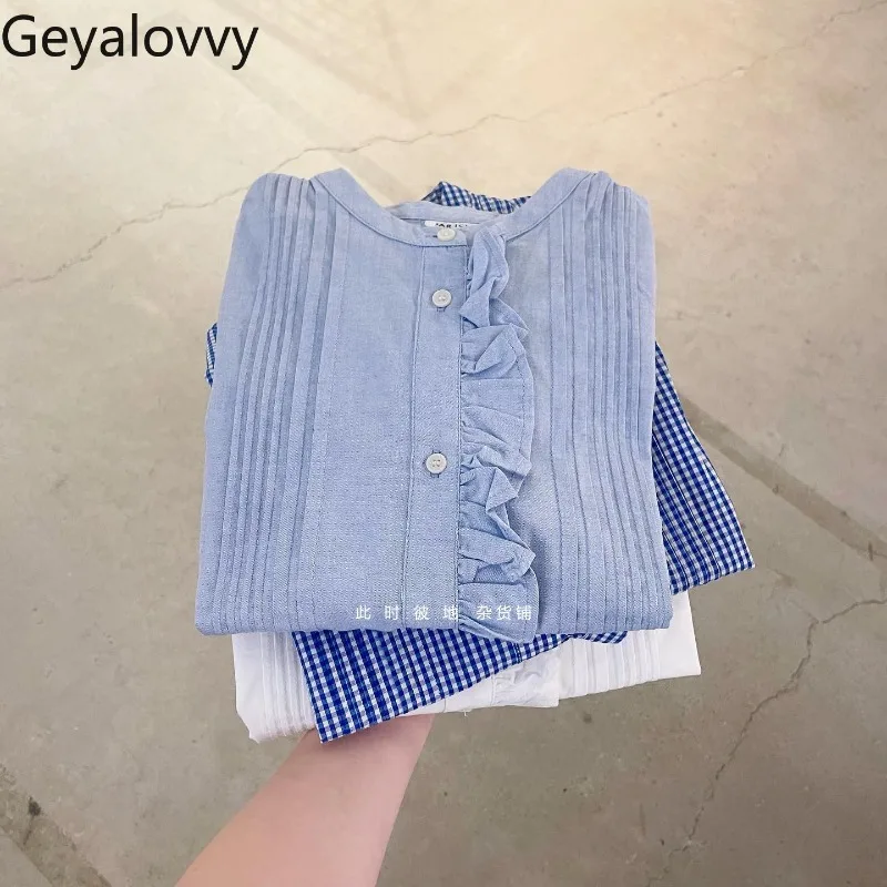 Camicia a maniche corte monopetto monopetto in puro cotone nuovo estivo Dolce ragazza Versatile girocollo scozzese a maniche corte Top