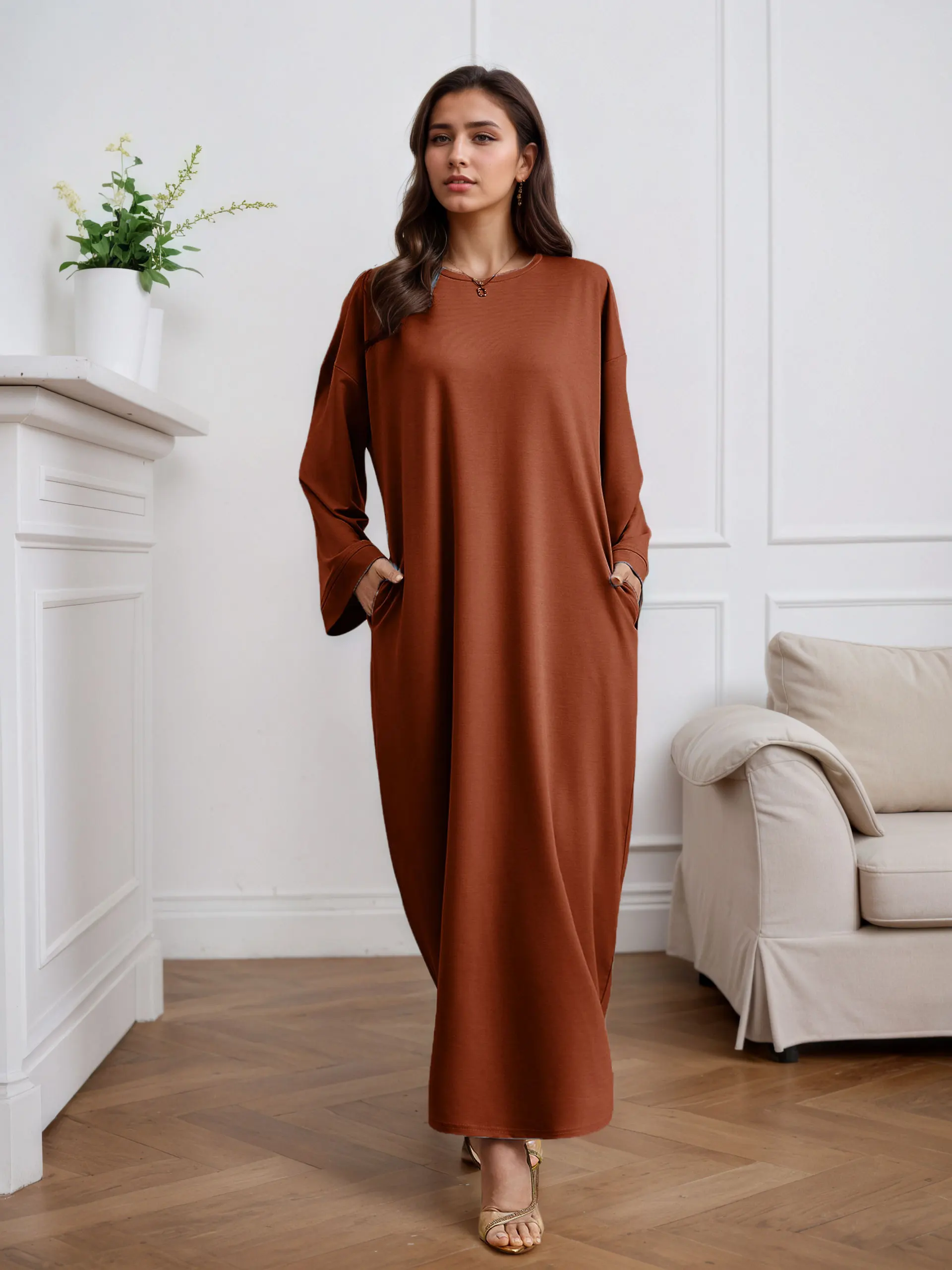 

Women Muslim Abaya Rust Brown Loose Fit Long Sleeves with Pockets Stylish Comfortable for UAE Saudi Arabia Qatar Middle East