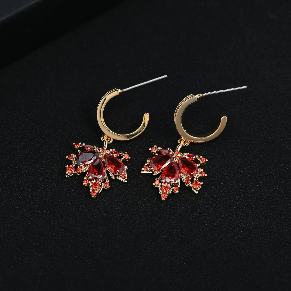 

925 Silver Luxury Maple Leaf Drop Earrings for Women, Gold Plated Red CZ Dangle Earrings, Party Jewelry