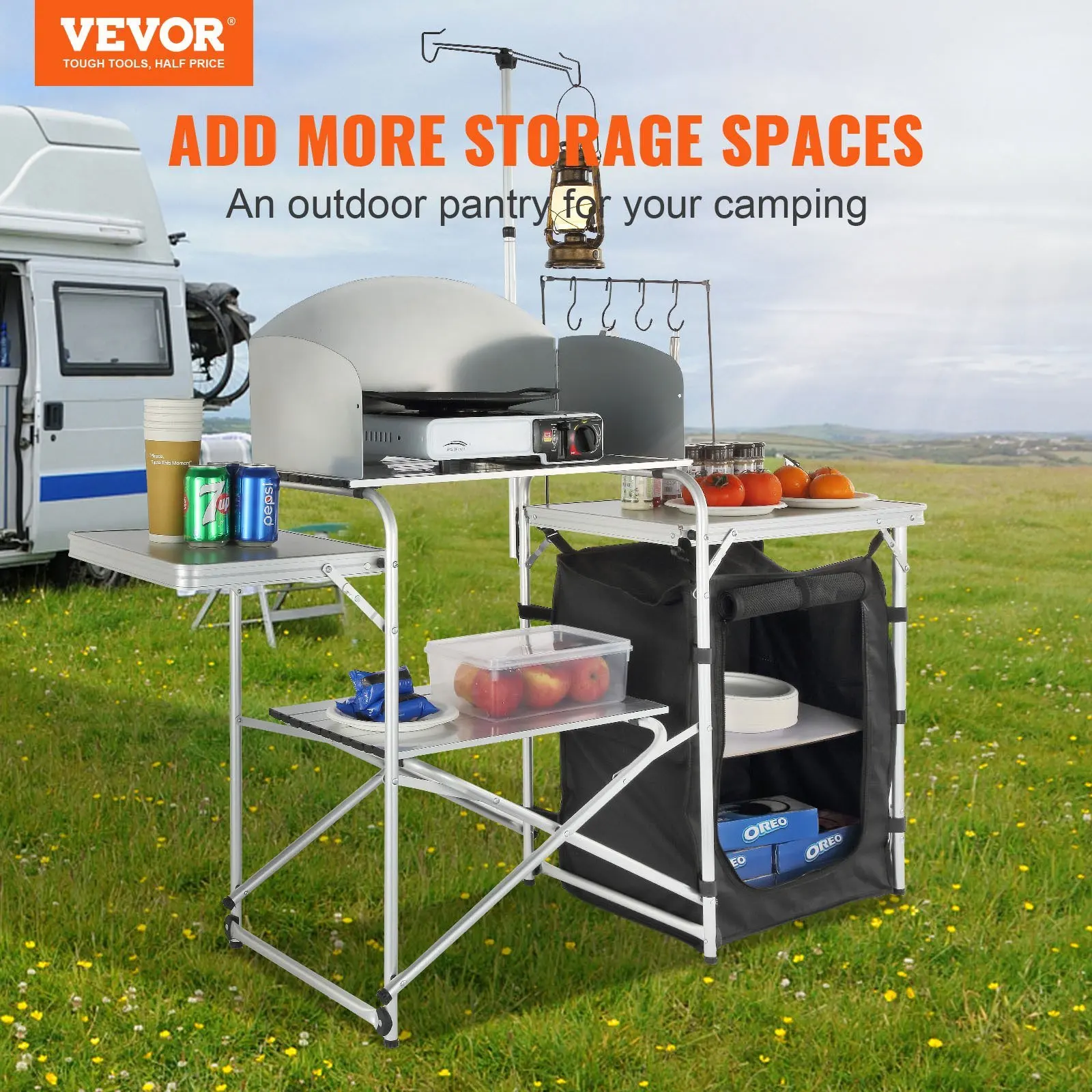 VEVOR Camping Kitchen Table Quick Set-up for Picnics, BBQ, RV Traveling Folding Outdoor Cooking Table with Storage Carrying Bag