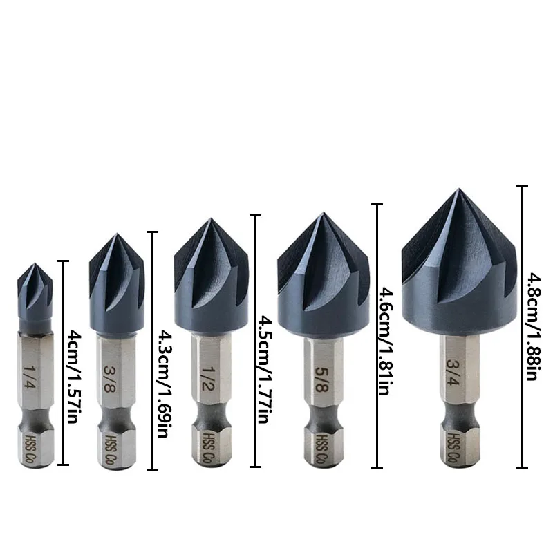 4/1", 8/3", 2/1", 8/5", 4/3" Titanium Aluminum Nitride Coated, Cobalt Countersunk Bit Set, HSS Co Hex Shanks