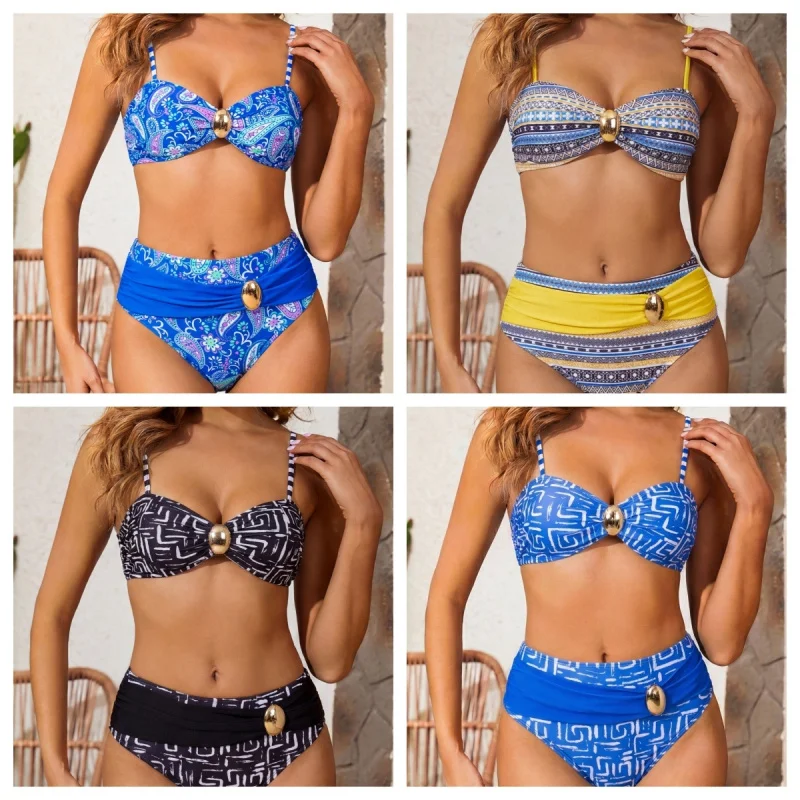 2026New women's swimsuit, one-piece swimsuit, retro waist-cinching, backless, sexy, flat-chested, color-blocking, two-piece biki