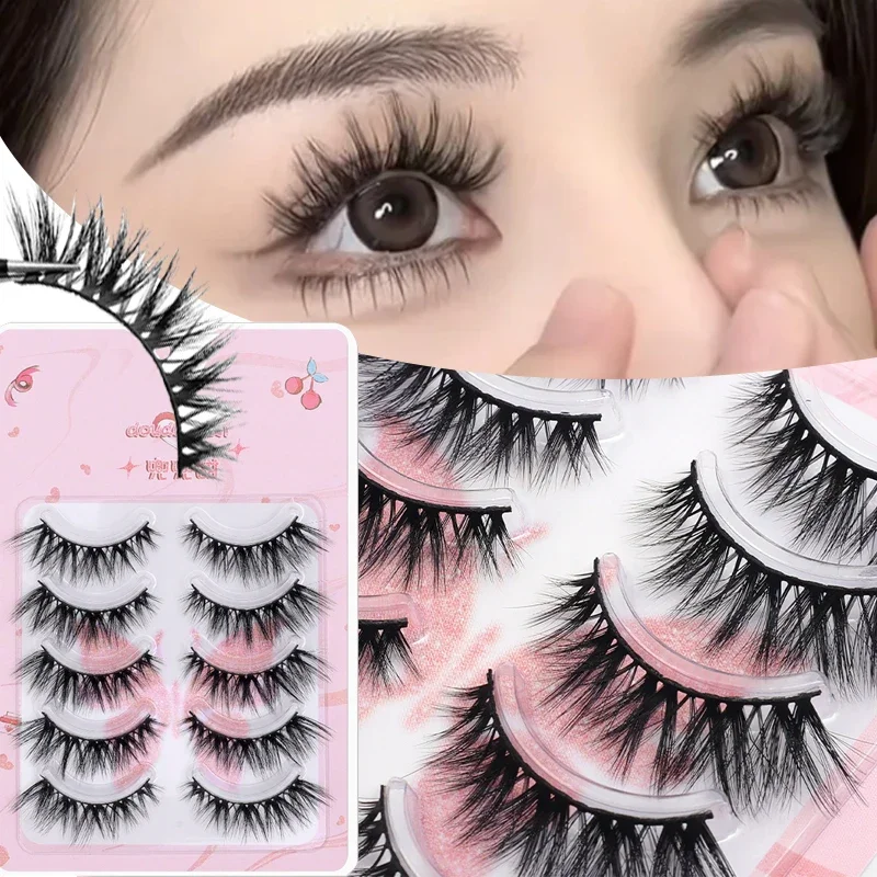 Macio Fofo Wispy Cílios Postiços, Coreano Natural Longo Cílios Tira Completa, Cílios Manga, Banda Clara, Maquiagem Extensão, 5 Pares