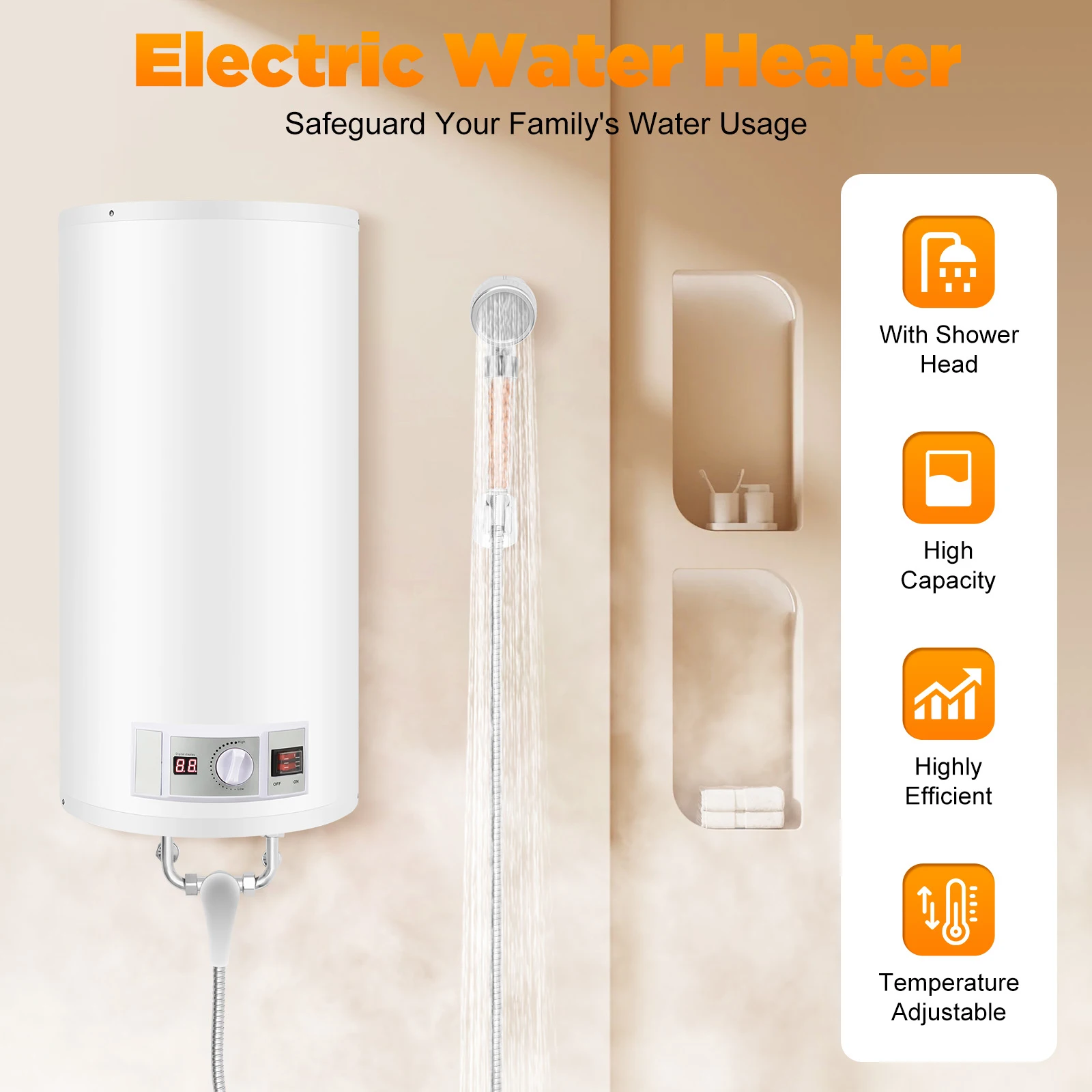 Chauffe-eau électrique 2000W 50L, chauffe-eau instantané, température réglable 25-75°C ℃ Support mural pour douche