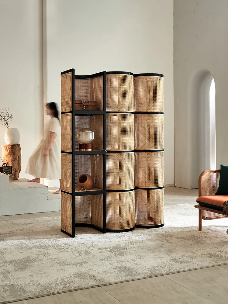 

Nordic Rattan Storage Rack Vintage Chic Style Partition Floor Corner Cabinet