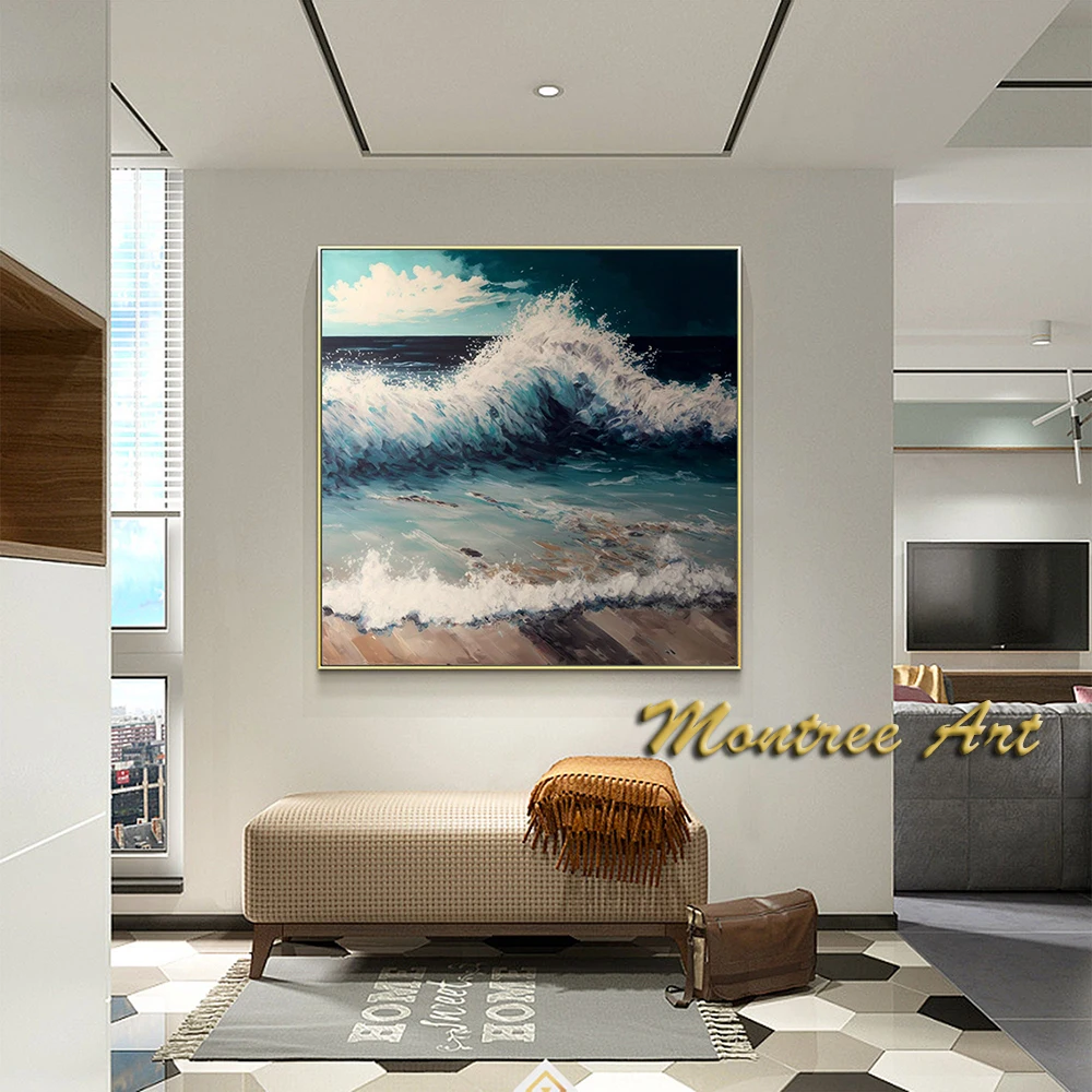 Handmade Oil Painting Large Blue Ocean Oil Painting On Canvas Wall Art Abstract White Wave Painting Boho Wall  Living Room Decor