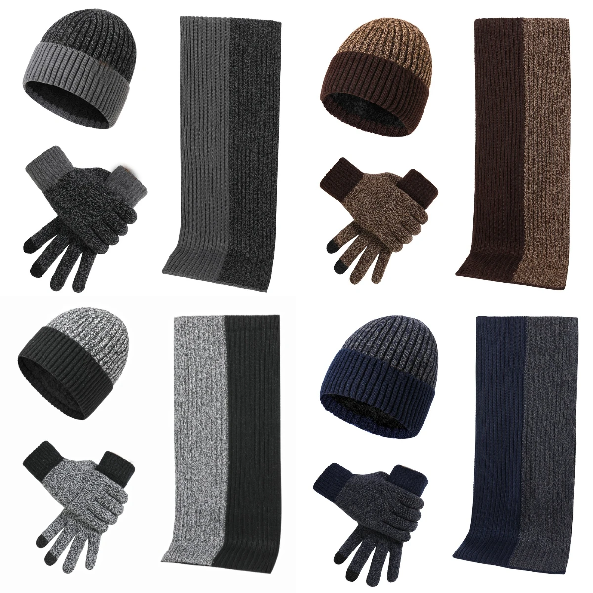 

Simple and Fashionable Warmth Brimless Cap Unisex Autumn and Winter Color Blocked Knitted Hat Thick Scarf Gloves Three Piece Set