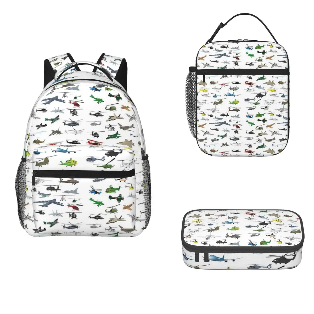 

Various Colorful Airplanes And Helicopters Backpacks Boys Girls Bookbag Cartoon Kids Rucksack Lunch Bag Pen Bag Three-Piece Set