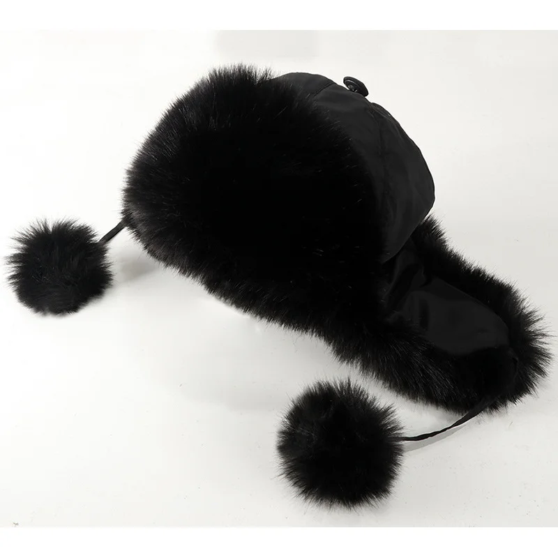 Fur Ushanka Women's Thick Warm Fur Ball Earflaps Cap Winter Fleece-lined Imitation Fur Fox Fur Northeast Cotton-Padded Cap