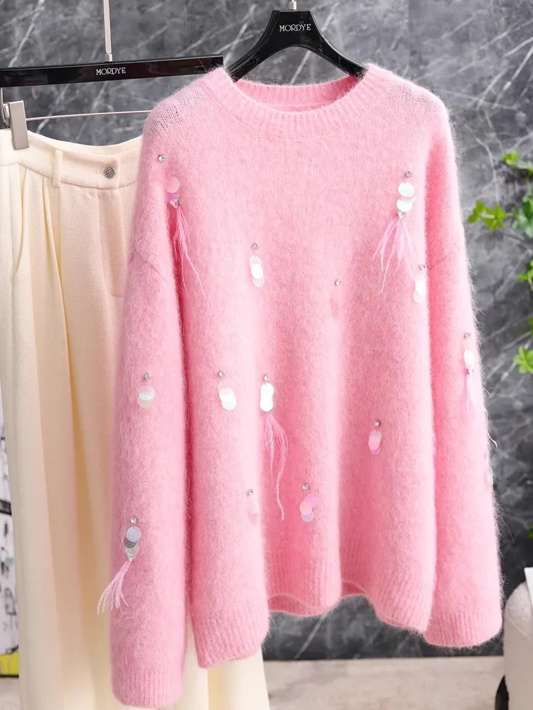

Alpaca Wool Open Cardigan Women's Fleece Knitwear Shiny Sequin Embellished Lazy Style V-Neck Long Sleeve Mid-Length Sweater