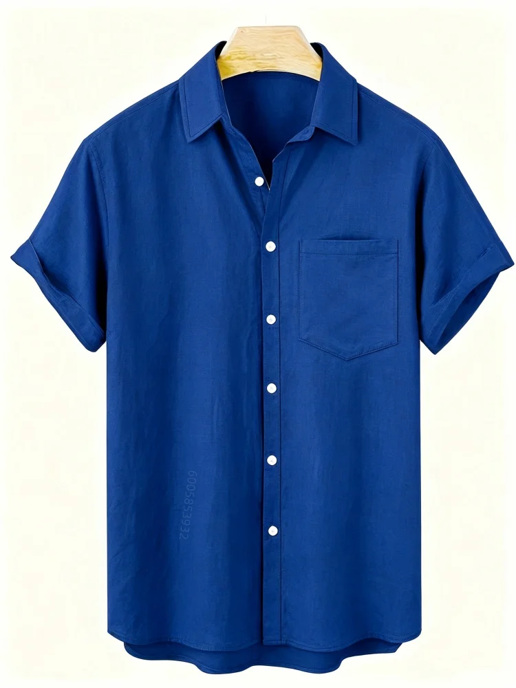 Men's solid color linen short sleeved shirt with a collar, chest pocket, button up cardigan, casual commuting vacation men's top