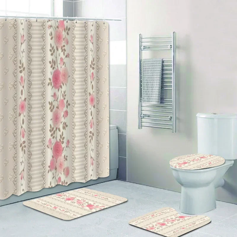 

Stripes and Pink Roses Lace Shower Curtain Set Bathroom Curtains Shower Set Retro Chic Beige Pastel Floral Bath Curtain Mat Rugs