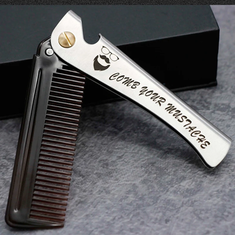 1 Pcs Men Folding Pocket Comb PP Teeth Detangling Hair Beard Comb Metal Handle Foldable Combing Facial Mustache Comb