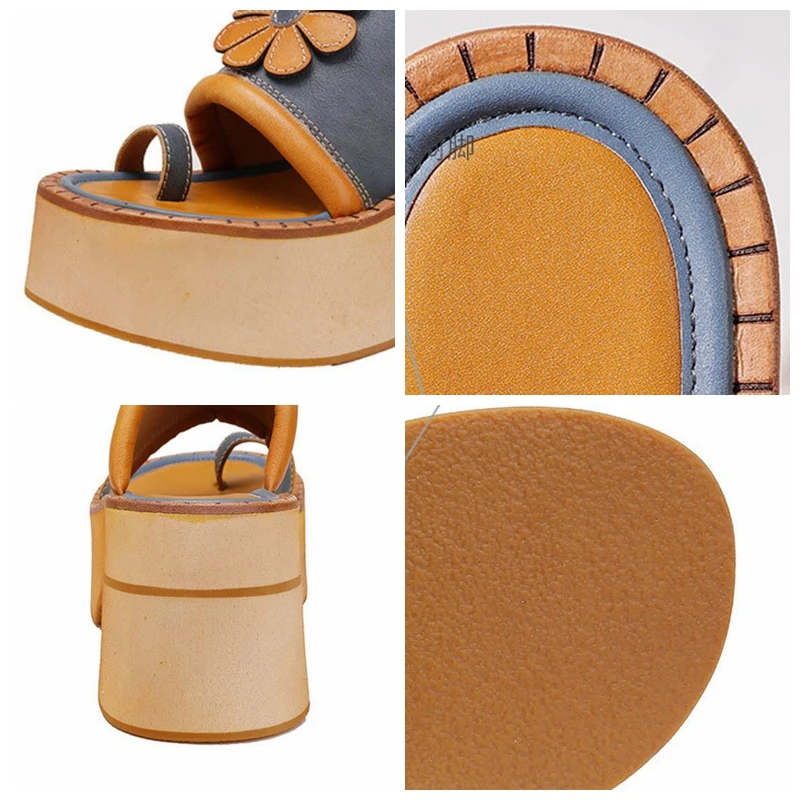 Fujin 8.5cm Sandals Luxury Designer 8.5cm Women Ethnic Appliques Genuine Leather Summer Platform Clip Toe Slippers Slides