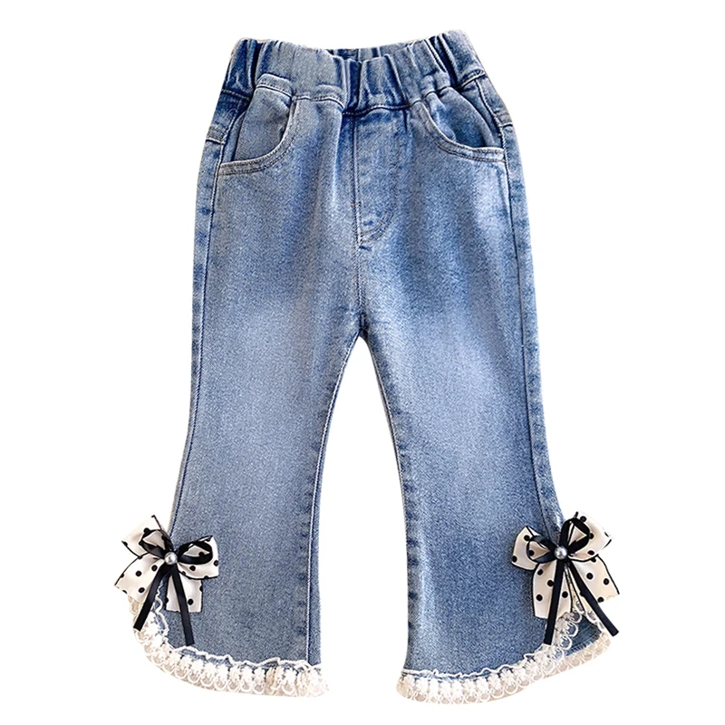 Jeans per ragazze primavera autunno blu lavato elastico in vita Jeans svasati fiocco in pizzo pantaloni Casual in Denim 2-7 anni pantaloni