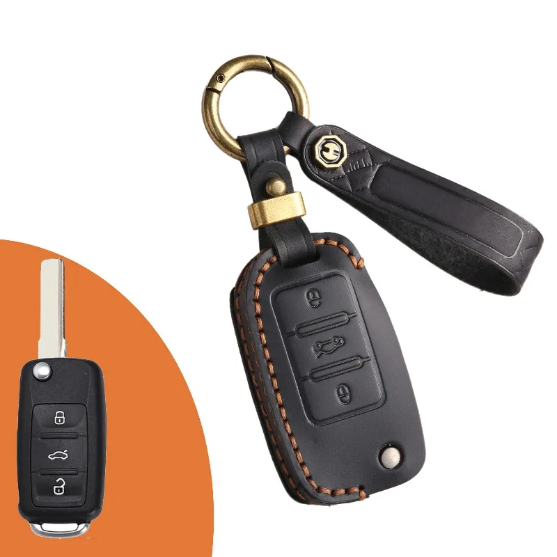 Genuine Leather Car Key Case Cover Chain Shell Protector Fob Holder for Volkswagen Magotan Lavida Foldable Key Hot Selling