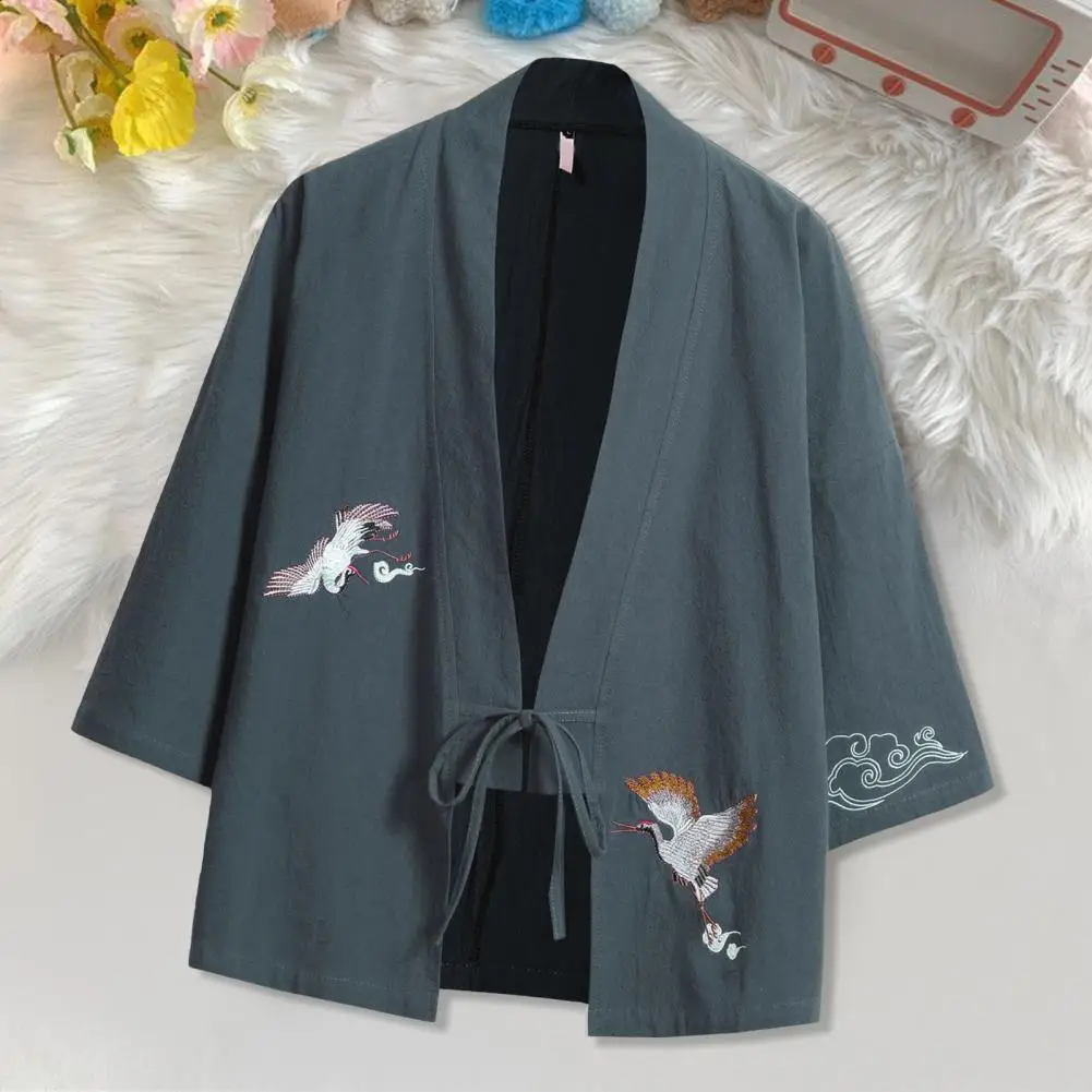 Top de hanfu solto masculino, estilo chinês, cardigã vintage com renda, mangas três quartos, V japonês